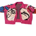 Abstract Face Graphic Knit Cropped Cardigan Sweater Pink Womens Plus Size‎ 1X