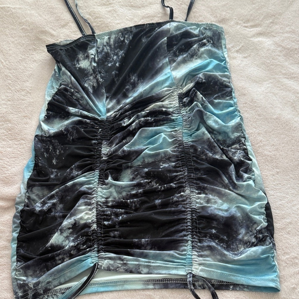 SHEIN Blue Black Tie Dye Ruched Side‎ Bodycon Mini Dress Cami Straps Womens XL